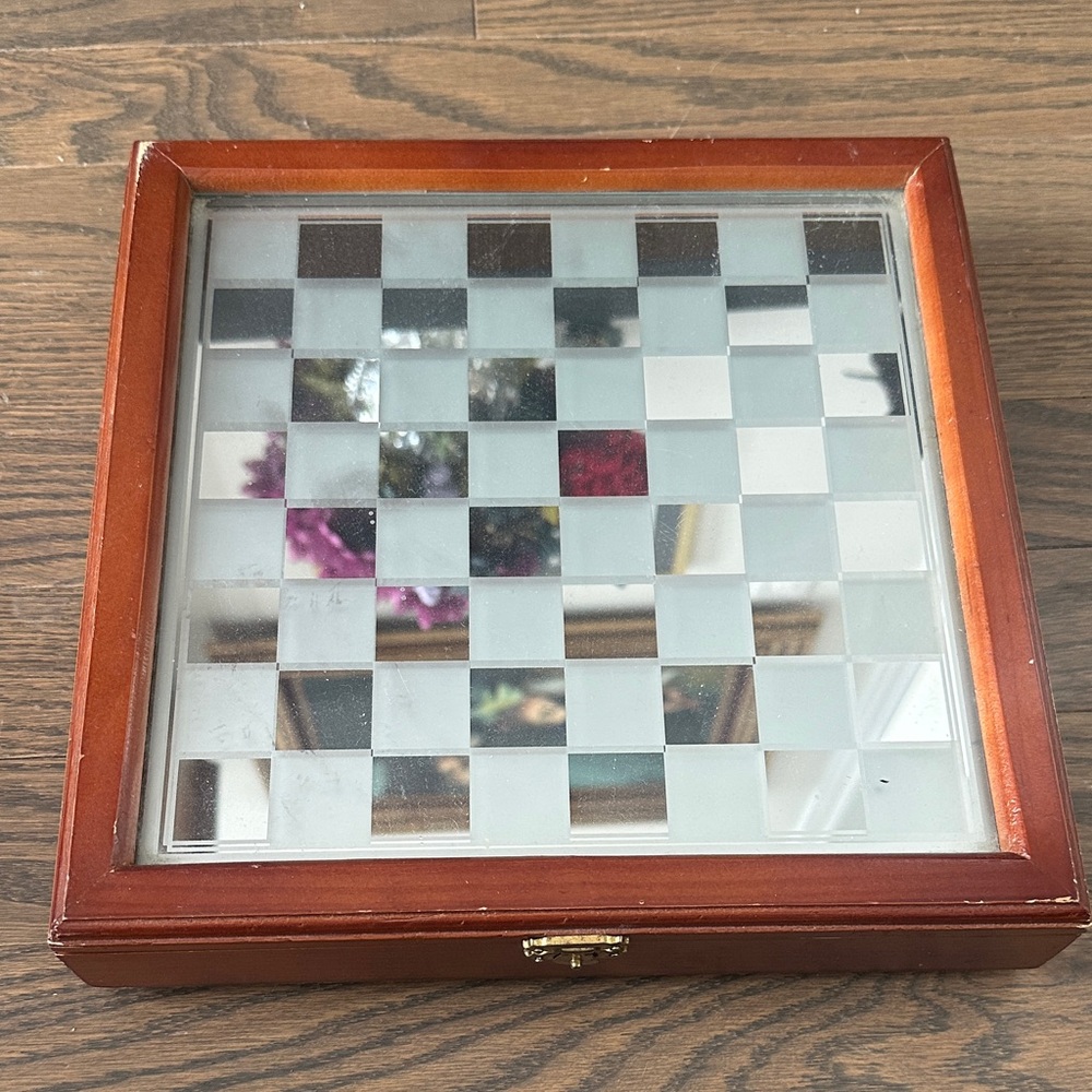 Wooden Chessboard and Checkers with Glass Tiles, Vintage Chess Set